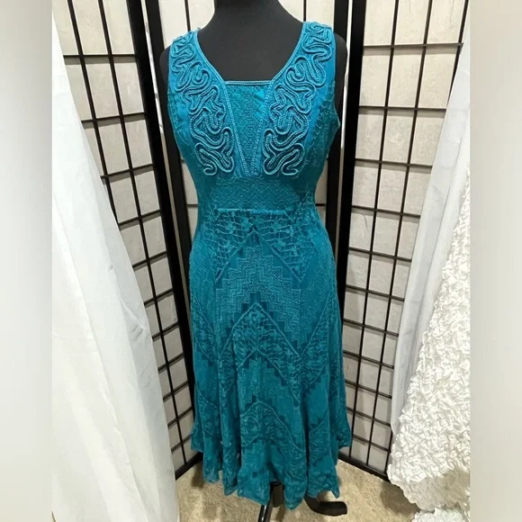 Reba Vibrant TURQUOISE/TEAL SLEEVELESS LACE FIT & FLARE RETRO MIDI DRESS SIZE M - Picture 3 of 10